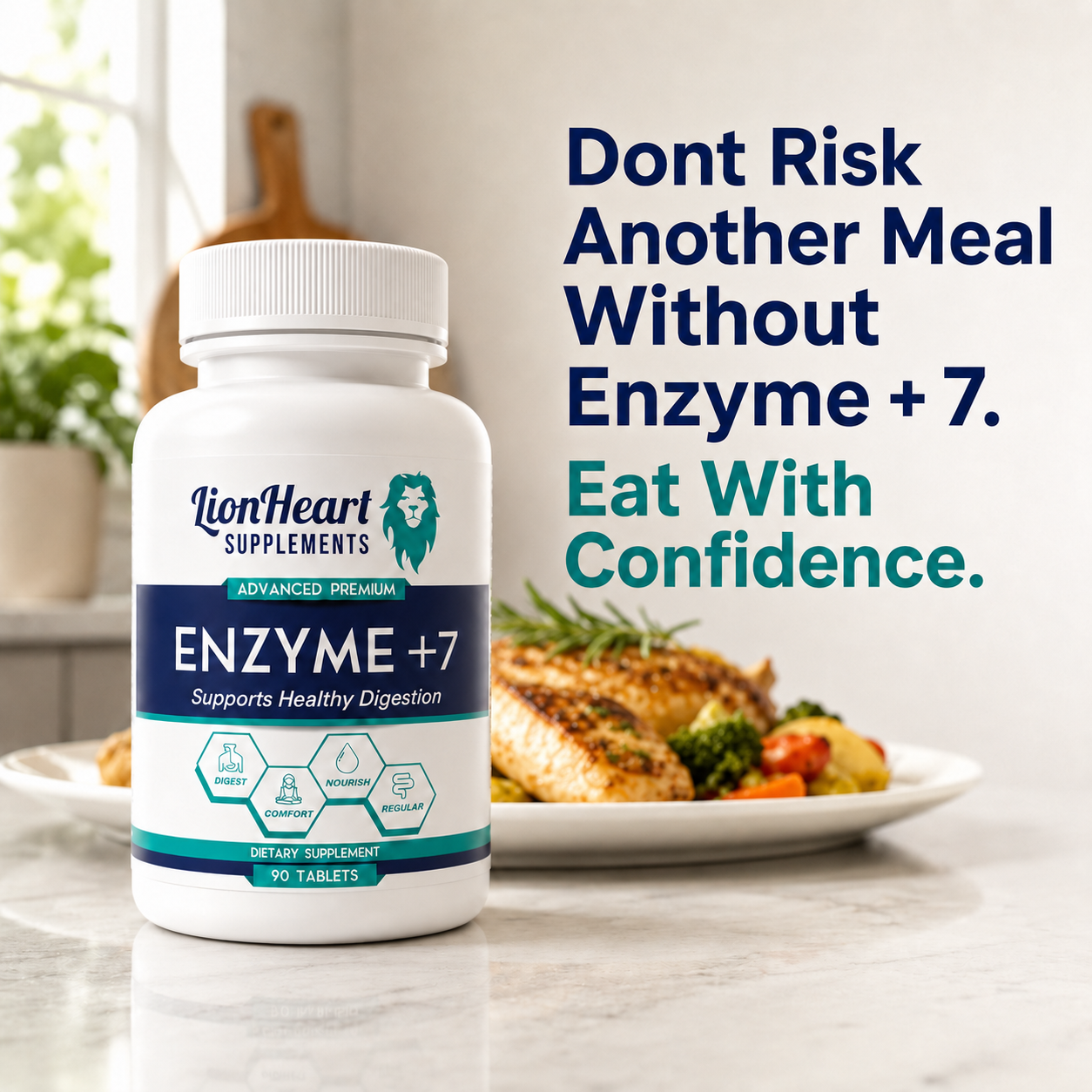 Don't risk another meal without Enzyme + 7 — eat with confidence