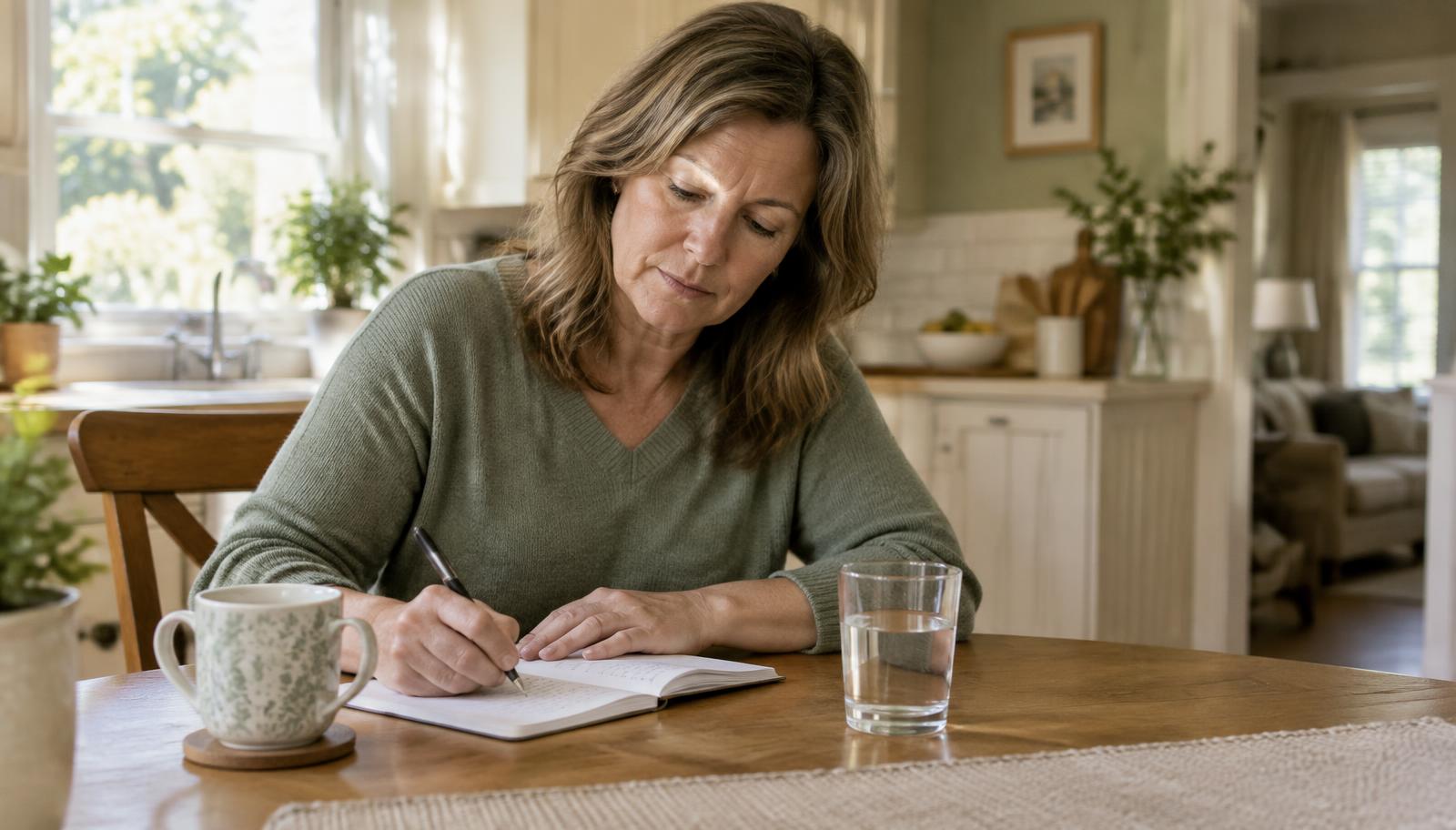 A woman in her fifties sitting at her kitchen table in warm daylight, writing notes about her symptoms in a notebook